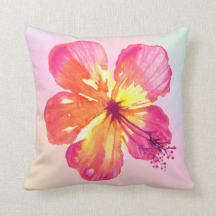 Tropical Hibiscus on Pink Yellow Aqua Ombre Floral Throw Pillow