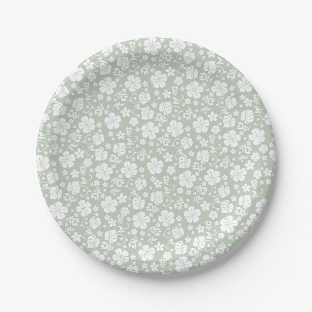 Tropical Hibiscus Pale Green Paper Plates (Front)