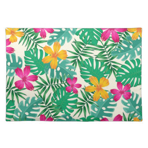 Tropical hibiscus & palm leaves. Coastal Summer. Cloth Placemat