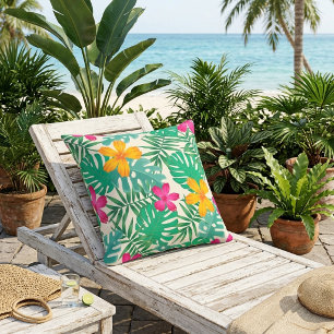 Tropical hibiscus & palm leaves. Coastal Summer. Outdoor Pillow