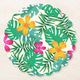 Tropical hibiscus & palm leaves. Coastal Summer. Paper Coaster