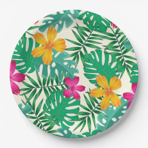 Tropical hibiscus & palm leaves. Coastal Summer.   Paper Plates