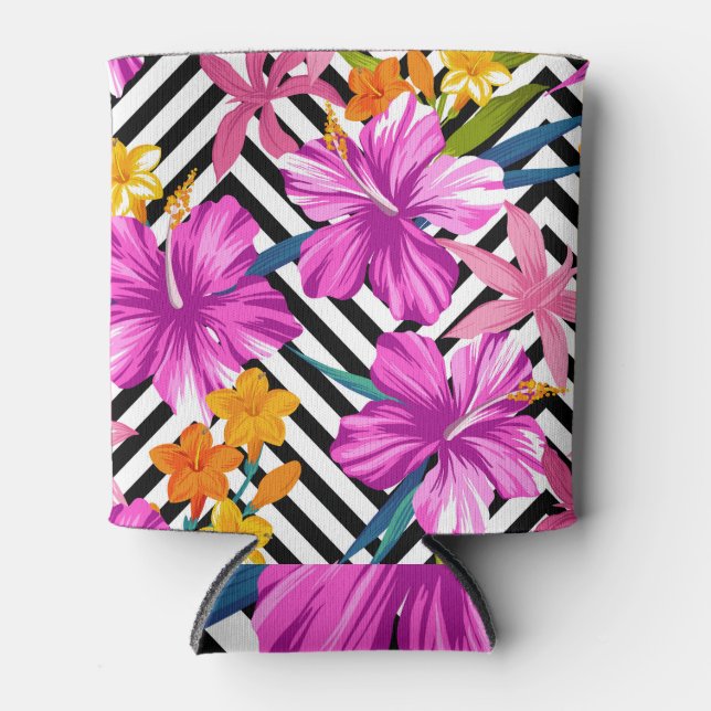 Tropical hibiscus, palm leaves, geometric. can cooler (Front)
