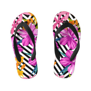 Tropical hibiscus, palm leaves, geometric. kid's flip flops