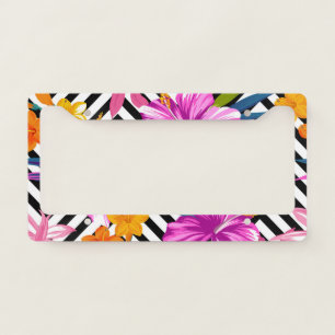 Tropical hibiscus, palm leaves, geometric. license plate frame