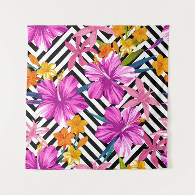 Tropical hibiscus, palm leaves, geometric. tapestry (Front)