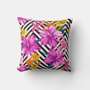 Tropical hibiscus, palm leaves, geometric. throw pillow
