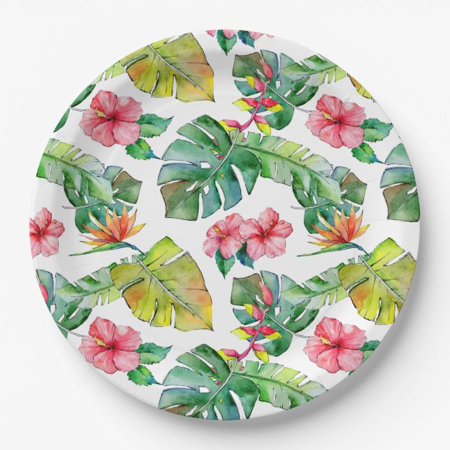 Tropical Hibiscus Palm Leaves Hawaiian Paper Plates (Front)