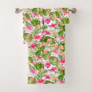 Tropical hibiscus palm monstera pattern bath towel set