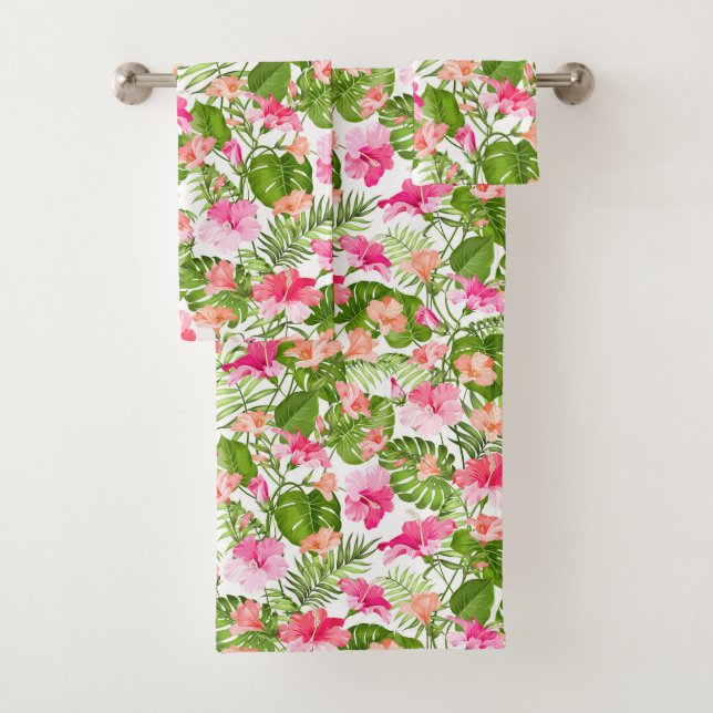 Tropical hibiscus palm monstera pattern bath towel set (Insitu)