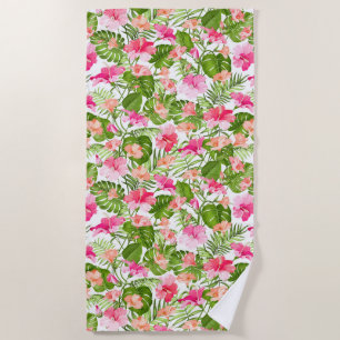 Tropical hibiscus palm monstera pattern beach towel