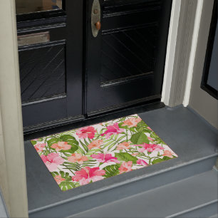 Tropical hibiscus palm monstera pattern doormat