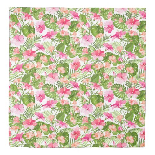 Tropical hibiscus palm monstera pattern duvet cover