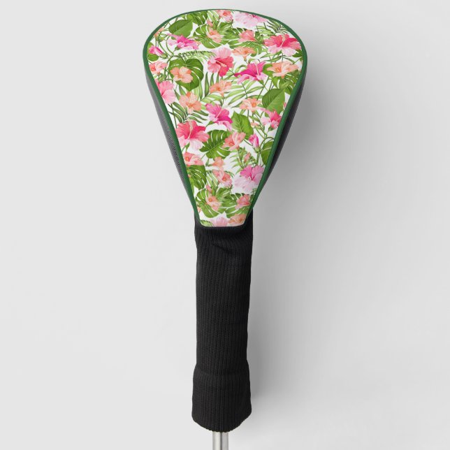 Tropical hibiscus palm monstera pattern golf head cover (Front)