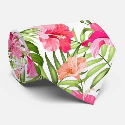Tropical hibiscus palm monstera pattern neck tie