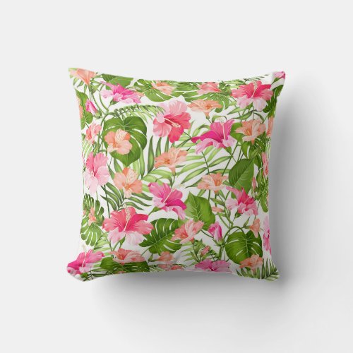 Tropical hibiscus palm monstera pattern throw pillow