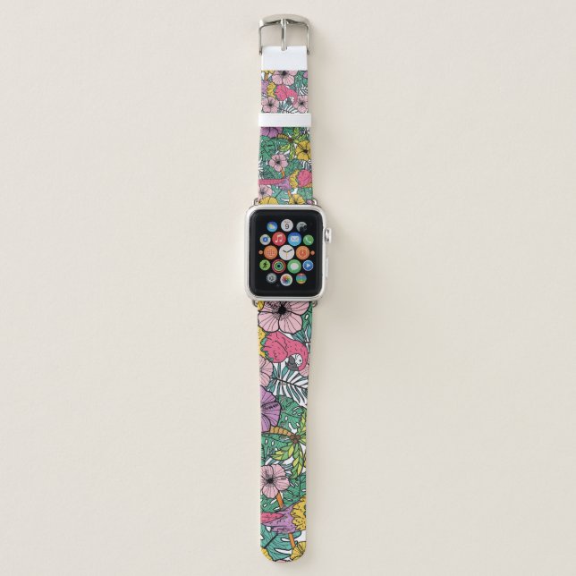 Tropical hibiscus, palm, parrots pattern. apple watch band (Front)