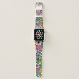 Tropical hibiscus, palm, parrots pattern. apple watch band