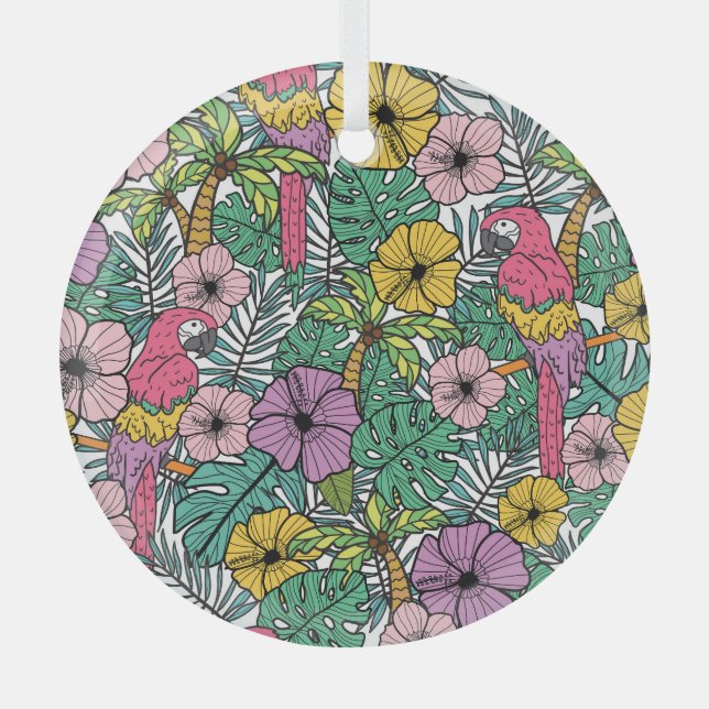 Tropical hibiscus, palm, parrots pattern. glass ornament (Front)