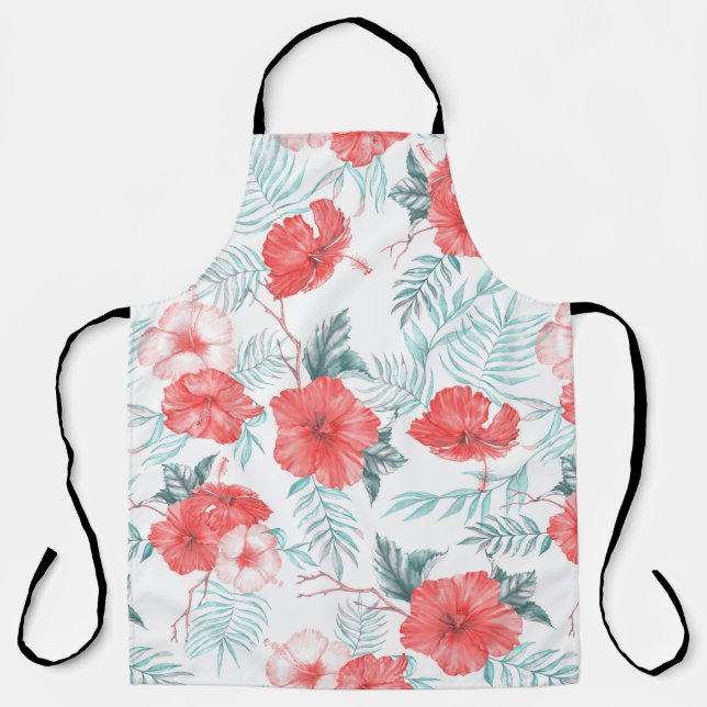 Tropical Hibiscus Palm Seamless Print Apron (Front)