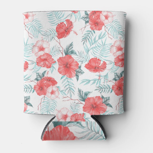 Tropical Hibiscus Palm Seamless Print Can Cooler (Front)
