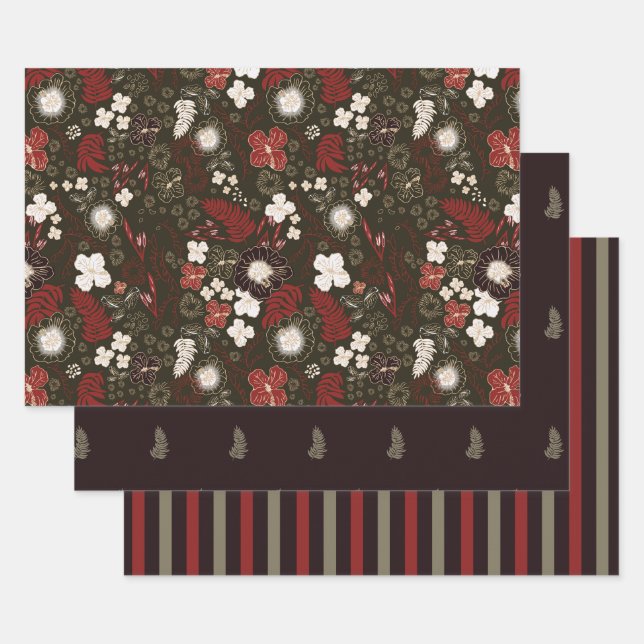Tropical Hibiscus, Palm, Stripe Red Sage Christmas Wrapping Paper Sheets (Set)