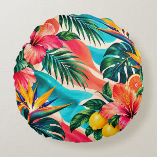 Tropical Hibiscus Paradise Botanical Art Round Pillow