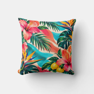 Tropical Hibiscus Paradise Botanical Art Throw Pillow