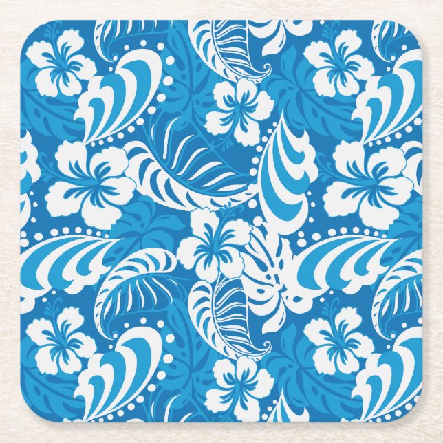 Tropical Hibiscus Pattern Square Paper Coaster (Front)
