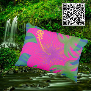 Tropical Hibiscus Philodendron Indoor Outdoor Pillow