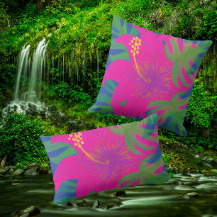 Tropical Hibiscus Philodendron Outdoor Pillow