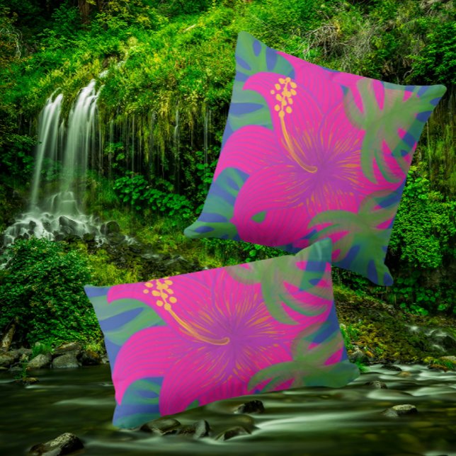 Tropical Hibiscus Philodendron  Outdoor Pillow (Vibrant tropical pillows for indoor or out!)