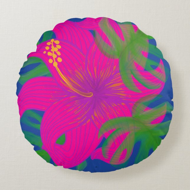 Tropical Hibiscus Philodendron  Round Pillow (Front)