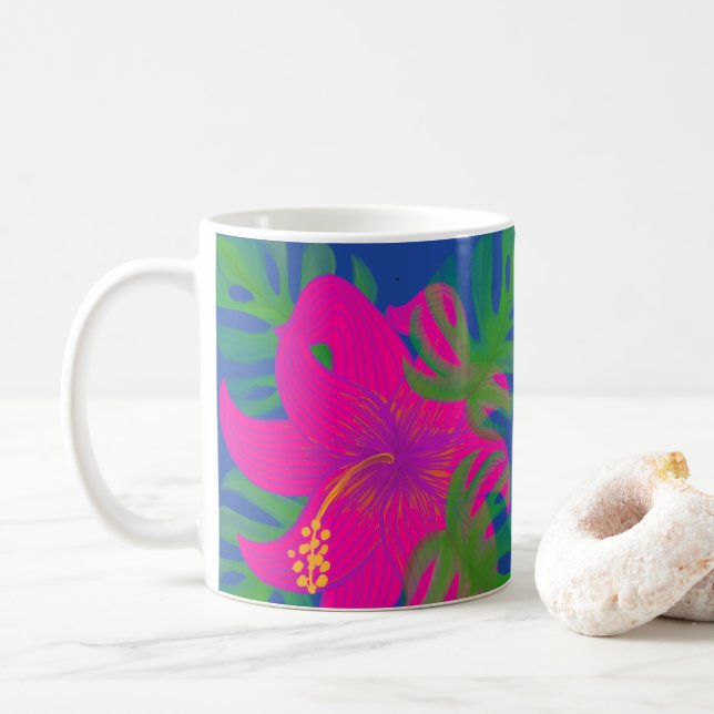 Tropical Hibiscus Philodendron Tropical  Coffee Mug (With Donut)