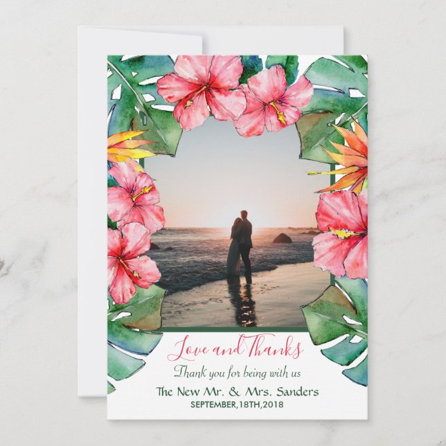 Tropical Hibiscus Photo Wedding Thank You Card (Front)