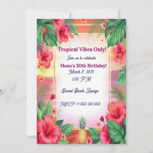 Tropical Hibiscus Pineapple Adult  Birthday In Invitation