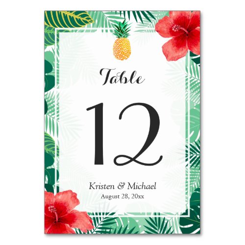 Tropical Hibiscus Pineapple Wedding Table Number