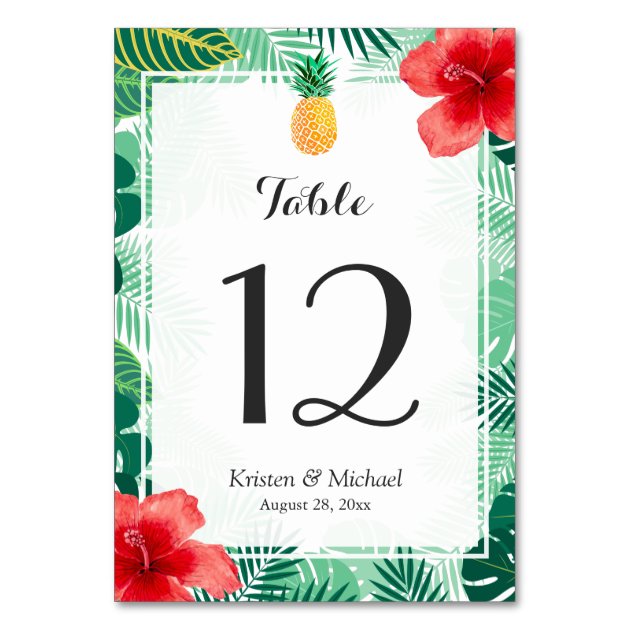 Tropical Hibiscus Pineapple Wedding Table Number Card