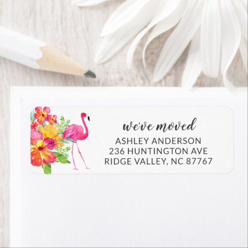 Tropical Hibiscus Pink Flamingo New Address Label