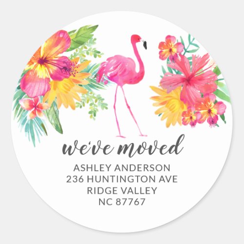 Tropical Hibiscus Pink Flamingo New Address Label