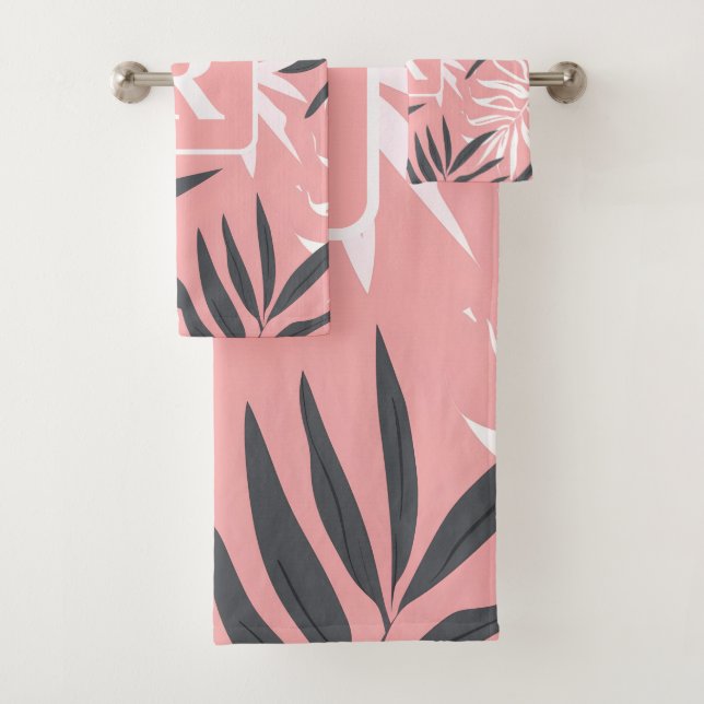 Tropical Hibiscus pink Monogram personalized Bath Towel Set (Insitu)