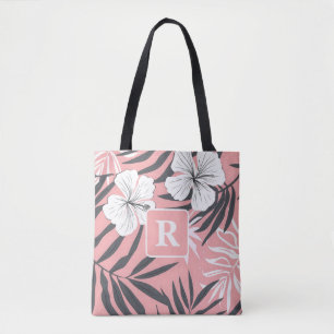 Tropical Hibiscus pink Monogram personalized Tote Bag