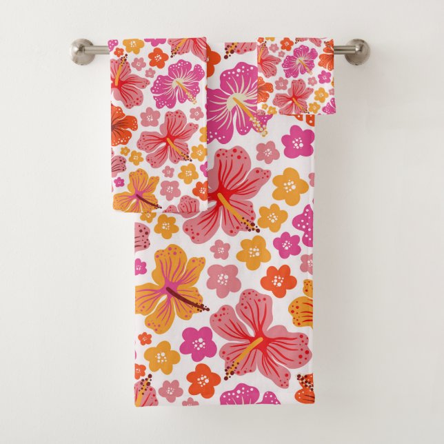 Tropical hibiscus - pink & orange bath towel set (Insitu)