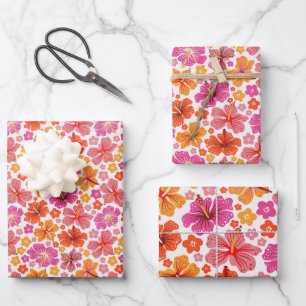 Tropical hibiscus - pink & orange wrapping paper sheets