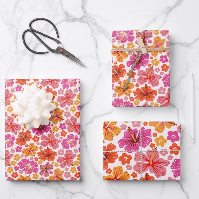 Tropical hibiscus - pink & orange wrapping paper sheets (Front)