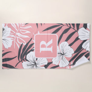Tropical Hibiscus pink personalized Monogram Beach Towel