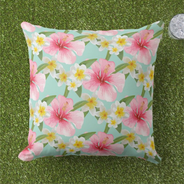 Tropical Hibiscus Plumeria Pattern Aqua Outdoor Pillow (Grass)