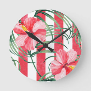Tropical Hibiscus Red Stripes Round Clock