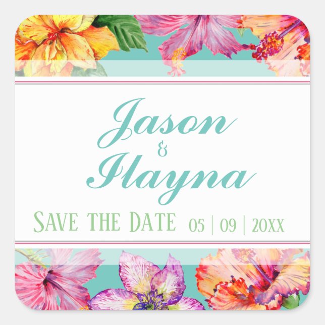 Tropical Hibiscus Save The Date Square Sticker (Front)