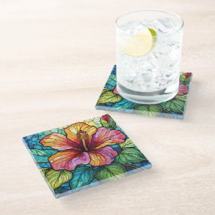Tropical Hibiscus Stained glass art Coaster
